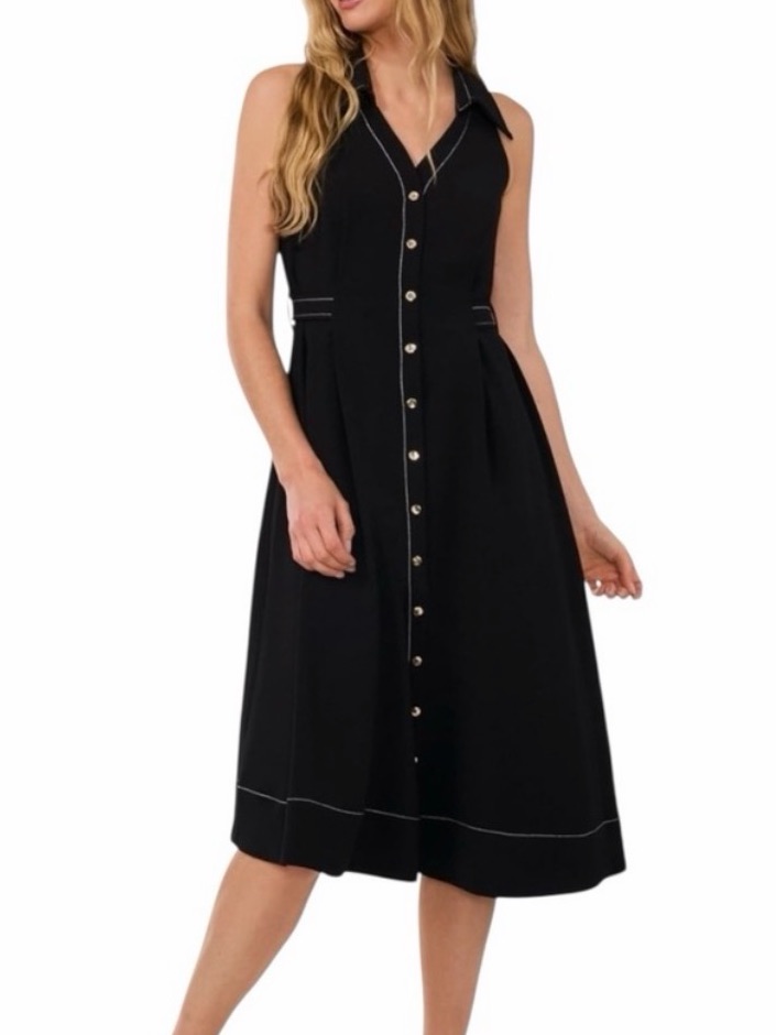 Cece Crepe Midi Shirtdress Sleeveless Gold Button Belted Black 12 Nwt